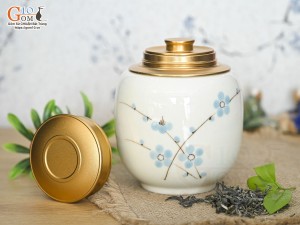 Lọ chè tròn cao men kem vẽ Đào xanh cao 12,5cm