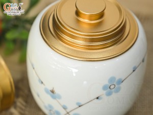 Lọ chè tròn cao men kem vẽ Đào xanh cao 12,5cm