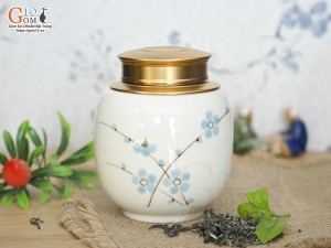 Lọ chè tròn cao men kem vẽ Đào xanh cao 12,5cm