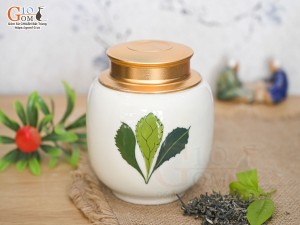 Lọ chè tròn cao men kem vẽ Ngò gai cao 12,5cm