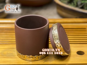 Lọ chè tròn gốm nâu bọc đồng