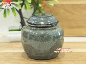 Lọ chè tròn men hỏa biến xanh ngọc