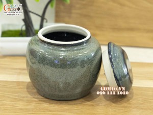 Lọ chè tròn men hỏa biến xanh ngọc