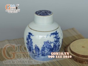 Lọ chè tròn men lam cổ vẽ Trúc Lâm Thất Hiền, viền vàng kim