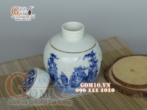 Lọ chè tròn men lam cổ vẽ Trúc Lâm Thất Hiền, viền vàng kim