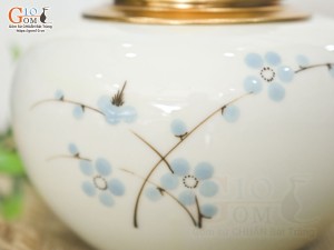 Lọ chè tròn thấp men kem vẽ Đào xanh cao 11cm