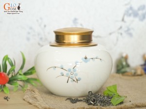Lọ chè tròn thấp men kem vẽ Đào xanh cao 11cm