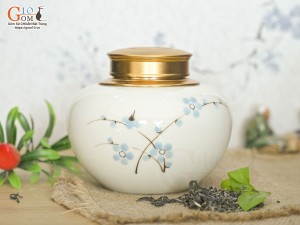 Lọ chè tròn thấp men kem vẽ Đào xanh cao 11cm