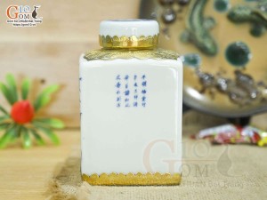 Lọ chè vuông men lam cảnh Trúc Lâm Thất Hiền, bọc đồng