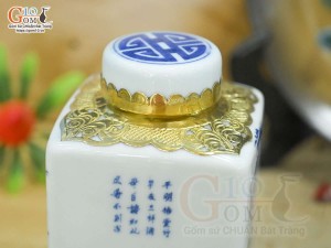 Lọ chè vuông men lam cảnh Trúc Lâm Thất Hiền, bọc đồng