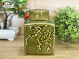 Lọ chè vuông cao men màu rêu
