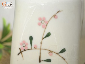 Lọ chè vuông men kem vẽ Đào phai cao 14cm