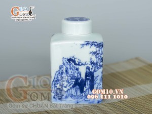 Lọ chè vuông men lam cổ vẽ Trúc Lâm Thất Hiền