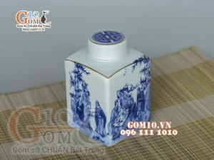 Lọ chè vuông men lam cổ vẽ Trúc Lâm Thất Hiền, viền vàng kim