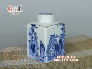 Lọ chè vuông men lam cổ vẽ Trúc Lâm Thất Hiền, viền vàng kim