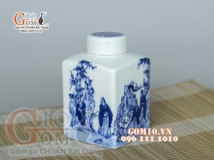Lọ chè vuông men lam cổ vẽ Trúc Lâm Thất Hiền
