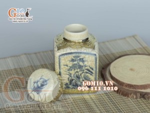 Lọ chè vuông men rạn cổ bọc đồng, cảnh sơn thủy