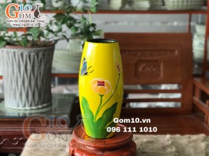 Lọ dáng bom sơn mài vàng vẽ hoa tuylip cao 30cm