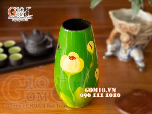 Lọ dáng sơn mài xanh dáng cúp vẽ hoa tuylip vàng cao 38cm