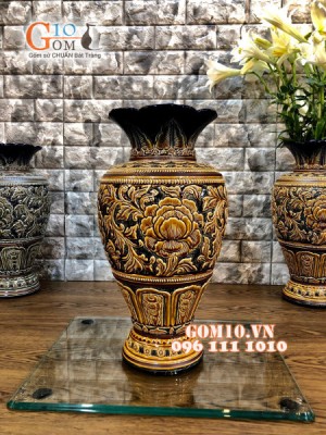 Lọ hoa chân cao men cổ khắc nổi hoa phù dung cao 45cm