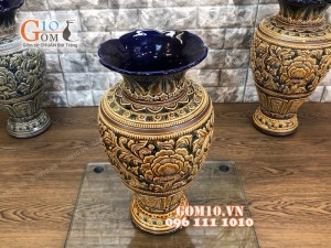 Lọ hoa chân cao men cổ khắc nổi hoa phù dung cao 45cm