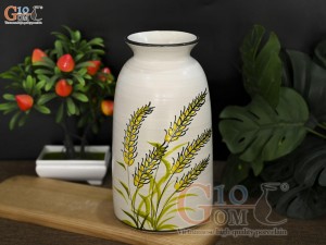 Lọ hoa cổ loe men kem vẽ bông lúa, cao 20cm