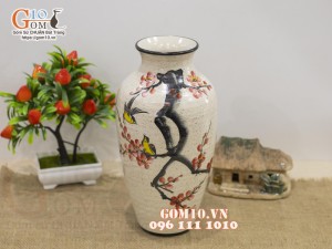 Lọ hoa cổ nhỏ men kem vẽ hoa đào 28cm