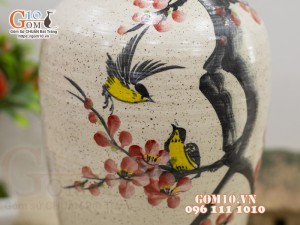 Lọ hoa cổ nhỏ men kem vẽ hoa đào 28cm