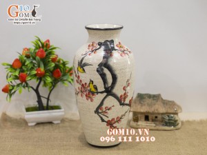 Lọ hoa cổ nhỏ men kem vẽ hoa đào 28cm