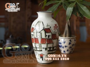 Lọ hoa dáng bầu họa tiết Phố Cổ, cao 28cm