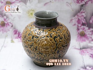 Lọ hoa dáng béo men cổ khắc nổi hoa phù dung miệng rêu 23cm