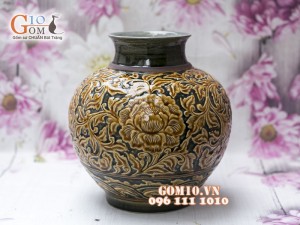 Lọ hoa dáng béo men cổ khắc nổi hoa phù dung miệng rêu 23cm