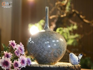 Lọ hoa dáng béo men kết tinh đa đồng tâm bảo bọc đồng, cao 35cm (hàng vuốt tay)