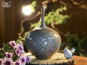 Lọ hoa dáng béo men kết tinh đa đồng tâm bảo bọc đồng, cao 35cm (hàng vuốt tay)