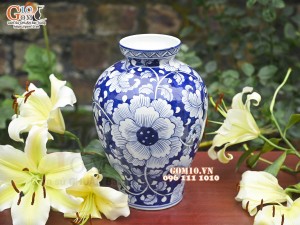 Lọ hoa dáng béo men lam cổ vẽ hoa Phù Dung, cao 28cm