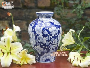 Lọ hoa dáng béo men lam cổ vẽ hoa Phù Dung, cao 28cm