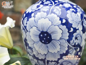 Lọ hoa dáng béo men lam cổ vẽ hoa Phù Dung, cao 28cm