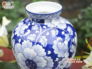 Lọ hoa dáng béo men lam cổ vẽ hoa Phù Dung, cao 28cm