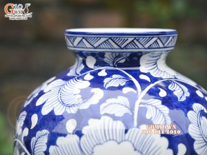 Lọ hoa dáng béo men lam cổ vẽ hoa Phù Dung, cao 28cm