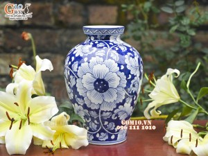 Lọ hoa dáng béo men lam cổ vẽ hoa Phù Dung, cao 28cm