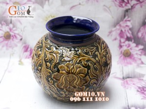 Lọ hoa dáng béo miệng rộng men cổ khắc nổi hoa phù dung vàng 22cm