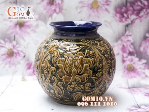 Lọ hoa dáng béo miệng rộng men cổ khắc nổi hoa phù dung vàng 22cm