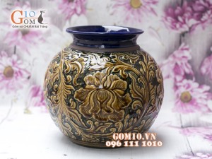 Lọ hoa dáng béo miệng rộng men cổ khắc nổi hoa phù dung vàng 22cm