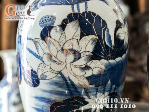 Lọ hoa dáng béo vẽ sen vàng kim 60cm