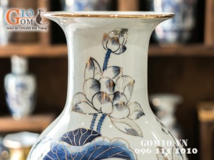 Lọ hoa dáng béo vẽ sen vàng kim 60cm