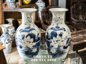 Lọ hoa dáng béo vẽ sen vàng kim 60cm