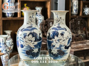 Lọ hoa dáng béo vẽ sen vàng kim 60cm