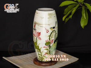 Lọ hoa dáng bom họa tiết hoa sen, cao 32cm
