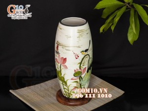 Lọ hoa dáng bom họa tiết hoa sen, cao 32cm