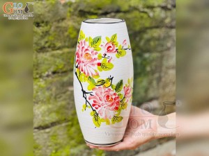 Lọ hoa dáng bom men kem vẽ hoa phù dung, cao 32cm